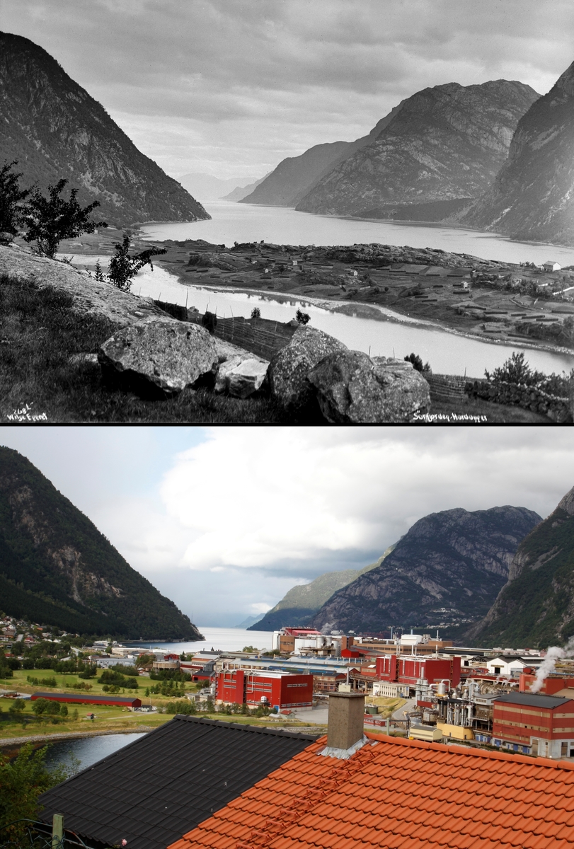 Refotografering. Jordbruksområde med gårder ligger nede ved Sørfjorden sett fra Knudsens gartneri i 1884. Er i dag et industriområde som har overtatt område. Fotografert 1884 og 2012.