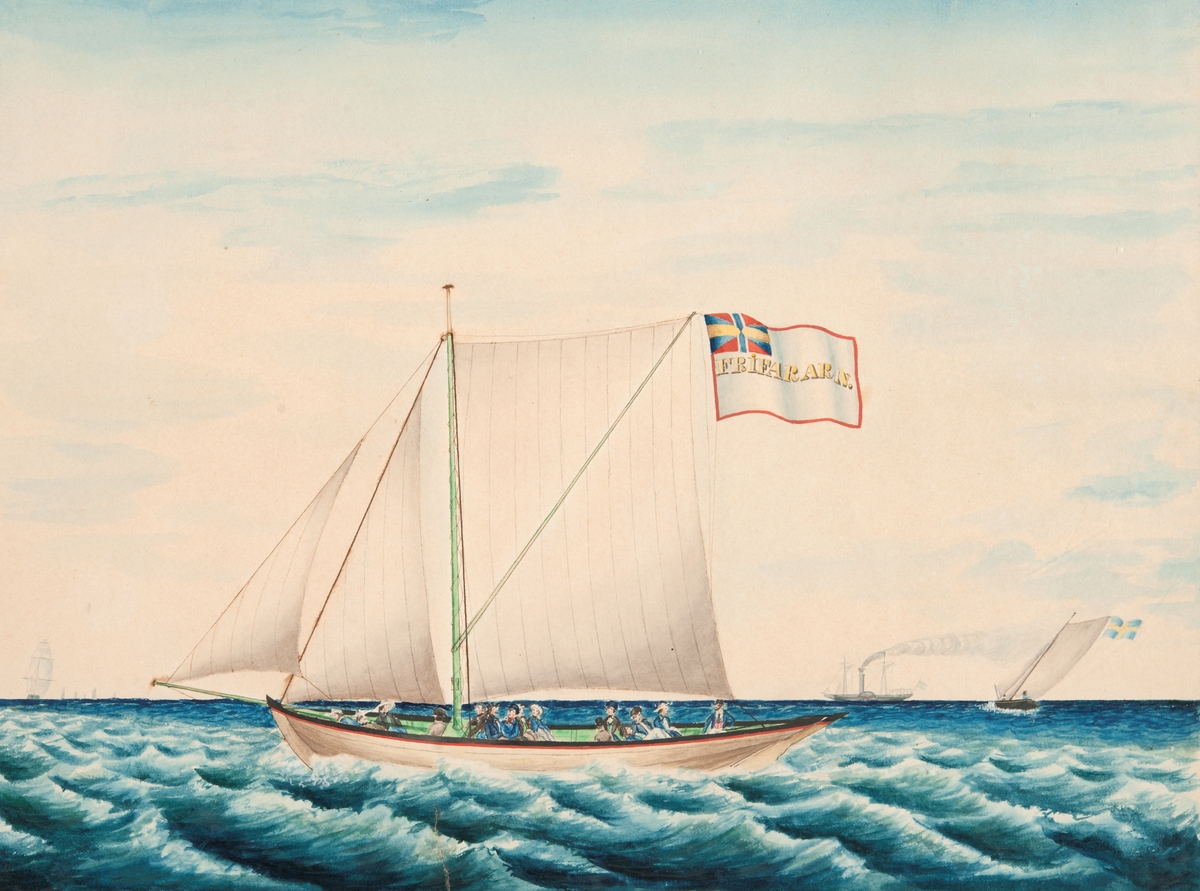 Blekingseka, seglande bidevind för styrbords halsar, förande två stagsegel samt sprisegel. Större vit flagg med röd bård och unionsmärke samt "Frifararen" i gult. Till vänster seglare, till höger hjulångare, samt en jakt.