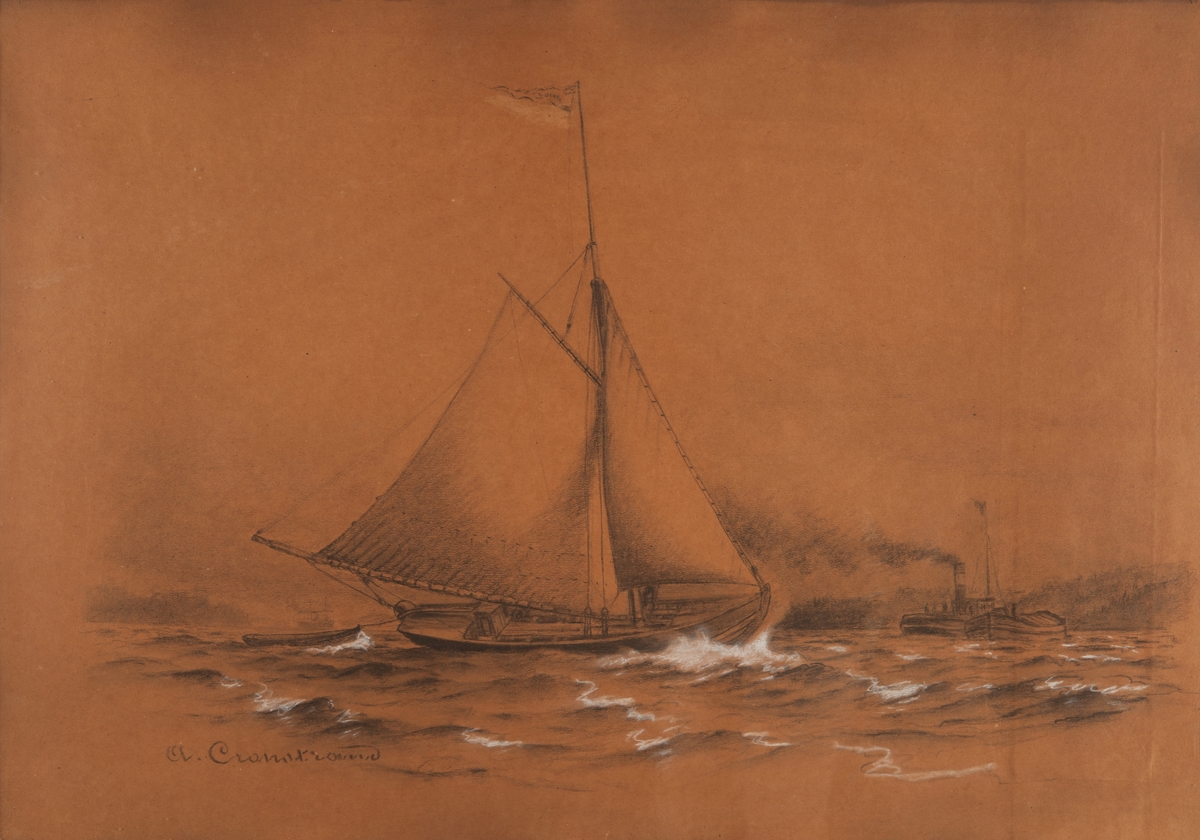 Roslagsskuta, sandkil eller storbåt  seglande bidevind för babords
halsar med revade segel. Till höger bogserbåt med pråm vid sidan.
Svart ram med förgylld kant.

Ram: Svart