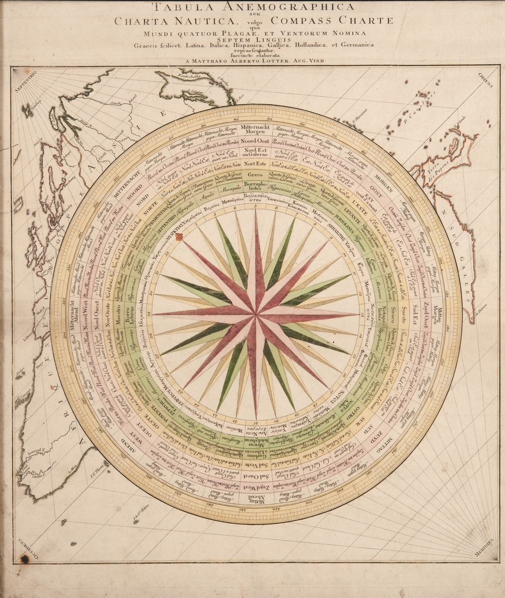 "Tabula Anemographica seu Charta Nautica vulgo qua Compars Charte". Kompassros med streckens benämning på grekiska, latin, italienska, spanska, franska, holländska och tyska.