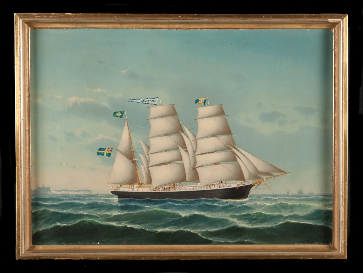 Barkskeppet "NORDMALING" (kapten Otto A. Nilson), sett mot styrbordssidan, seglen brassade bidevind för babords halsar. Svart skrov, vita däckshus och brädgångar. På förtoppen "Sjömannaföreningens" flagga (nr 148); stortoppen, namnvimpel; mesan, Neptuniordens flagga; under gaffel, yngre unionsflaggan. T.v. Helgolands klippor.
Saknar stävornament.