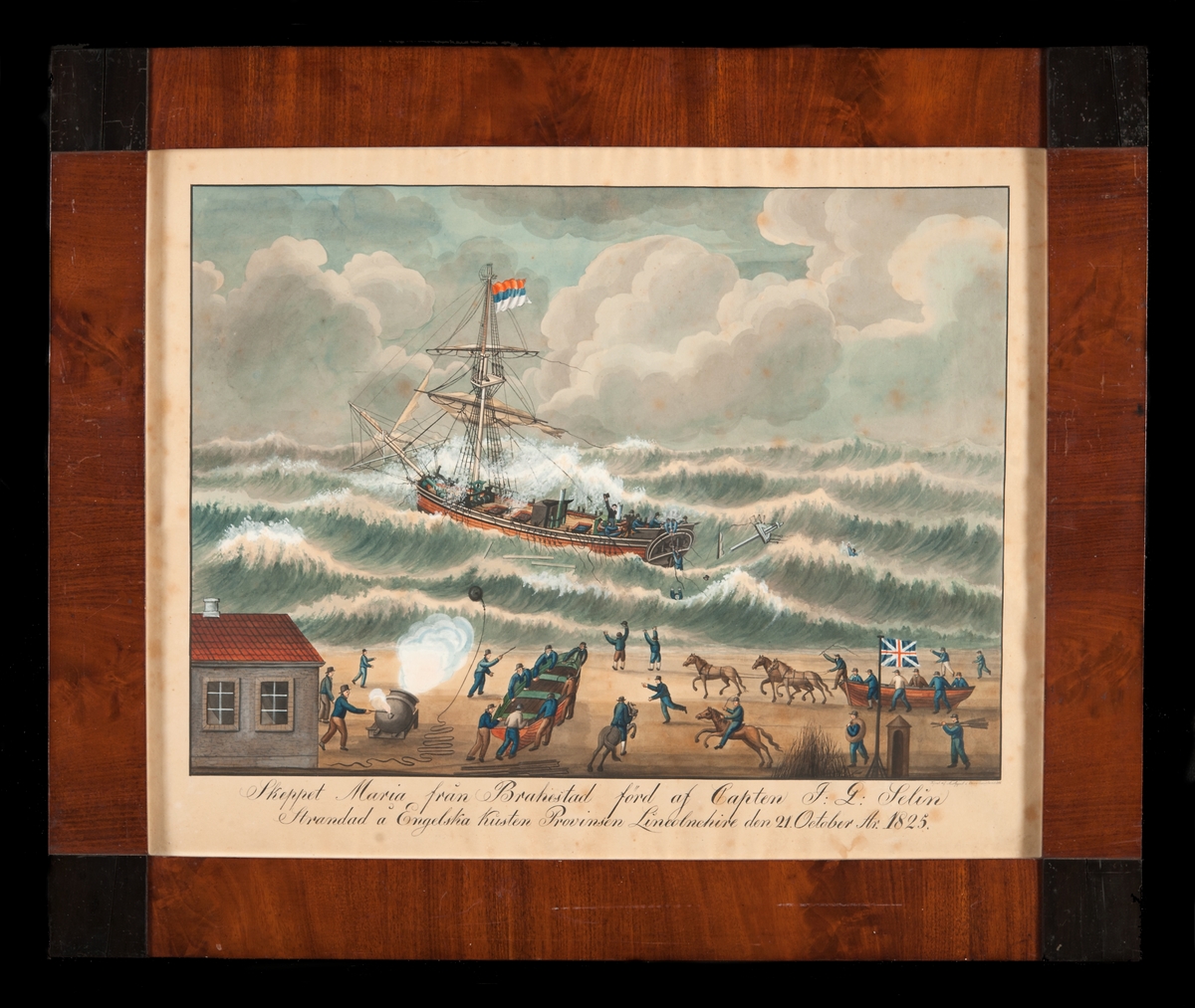"Skeppet Maria från Brahestad förd af Capten F:G: Selin Strandad å Engelska Kusten Provinsen Lincolnchire den 21. October År 1825".  Stor- och mesanmasten över bord. Räddningsmanskap på stranden.