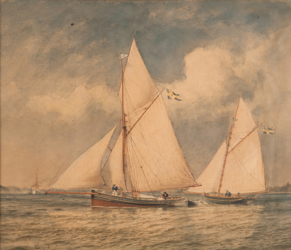 Två lustkuttrar, av äldre typ, förande alla segel jämte K.S.S.S. flagga.