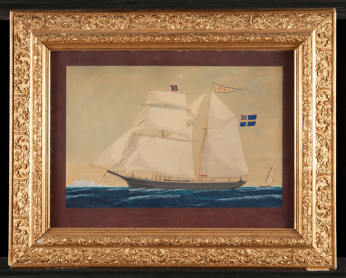 Skonerten ZENOBEA från Härnösand utanför Kronborgs slott i Öresund 1871, förd av kapten E. A. Godin.