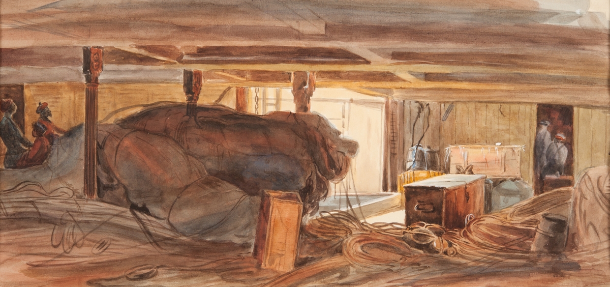 Interiör från mellandäck på en Ostindiefarare. Segel och tågvirke i förgrunden.