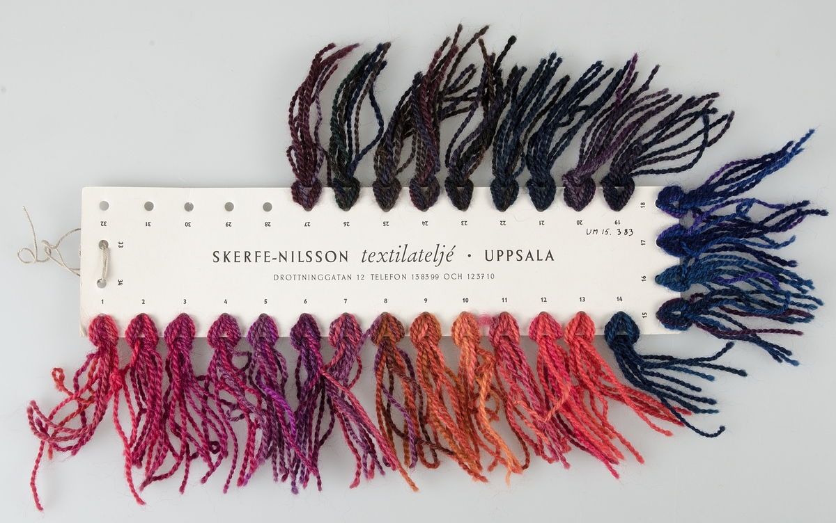 Skiss och garnkarta 50X26 cm med ullgarn till ryan. "Futura". Signerad Ingrid Skerfe. Färger: nyanser i rött lila och blått. På baksidan av skissen står skrivet av I:S: " Det gamla låg alltid under". " Det gamla låg alltid under. Slitryan. Förankring i svensk textiltradition": "Text på garnkartan  Skerfe-Nilsson textilatelje" Uppsala. Drottninggatan 12, telefon 138399 och 123710.