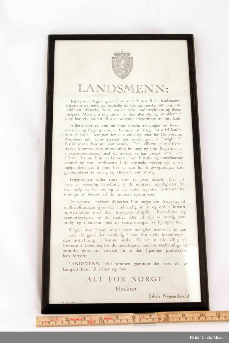 Proklamasjon til Landsmenn fra kong Haakon og Johan Nygaardsvold