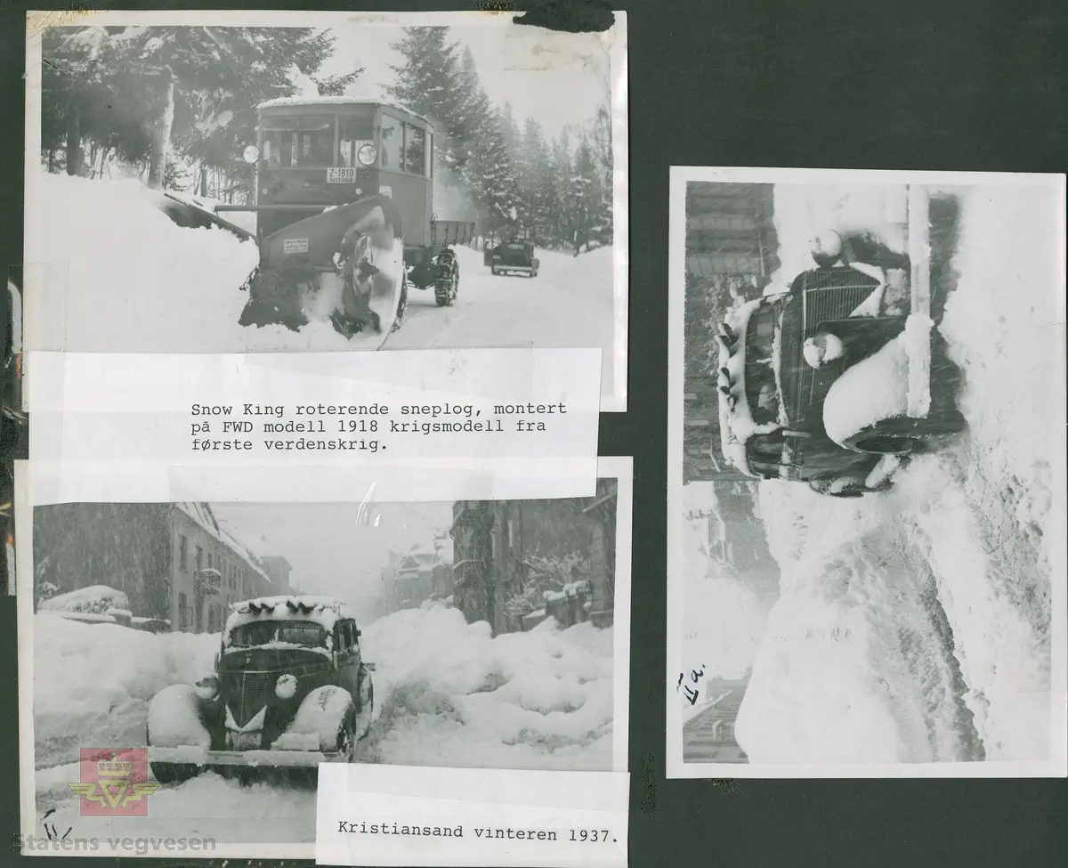 Snow King roterende snøplog, montert på en FWD 1918 modell fra første verdenskrig, i følge merking i album. Kjennetegn Z-1810 Rutevogn. Bildet kan være fra Kristiansand. I 1936-1937 kom det svært store snømengder på Sørlandet.  I bakgrunnen står Direktør Johnny Colbjørnsens 1937 modell Studebaker Dictator. 6 cyl som har kjennetegn A-3473. Bildet er fra et album av Colbjørnsen & Co A/S i perioden fra 1936-1950-tallet. 

01.06.2016: " FWD 1918 modell med kjennetegn Z-1810 var registrert på NSB-selskapet Lågendalsruten, Larvik."