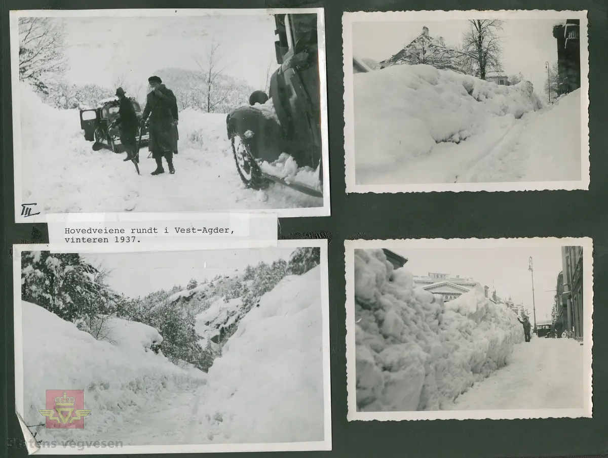 Bildet er fra hovedveiene rundt i Vest-Agder vinteren 1937. Store snømengder. Ref. til "Meddelelser fra Veidirektøren", Nr. 3-1937. "De vanskelige sneforhold på Sørlandet i år". Av avdelingsingeniør T. Backer. Se vedlegg i Nedlastinger. 

31.03.2017: "Bildet er tatt 200 meter ovenfor fyllinga på Utsikten i Kvinesdal på vei østover og plassen heter Skohauen, det var her kirkefolket skiftet over til fine sko og gikk ut av treskoene. "

"Det andre bilde som er samlet sammen med bilde overfor nevnt, er tatt på samme sted ved Skohauen overfor Utsikten i Kvinesdal, og viser 2 personer og bil, fotograf Colbjørnsen har møtt en bil på smal vei. Vinteren 1937-38."