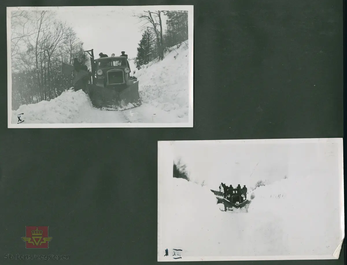FWD lastebil 1936 modell og påmontert sideplog. Kjennetegn K-7367. Ref. til artikkel om snøploger og snøskjermer i  "Vegvesenets redskaper og maskiner 1941," av overingeniør Johs. Eggen. 

25.08.2016: "K-7367 må være registrert ikke lenge etter at redaksjonen for Norges Bilbok 1935 ble avsluttet, sannsynligvis våren det året, siden høyeste nr. i K-7000 serien der er 7319."

30.03.2017: "Bildet er tatt i  Holmelia ved Holmevann 100 meter før en når Sveien høyeste punkt på Kvinesheia. Vegvesenet har besøk av Coldbjørnsen fra Oslo for å se på den påmonterte sideplog på FWD. Bildet er tatt våren 1938."