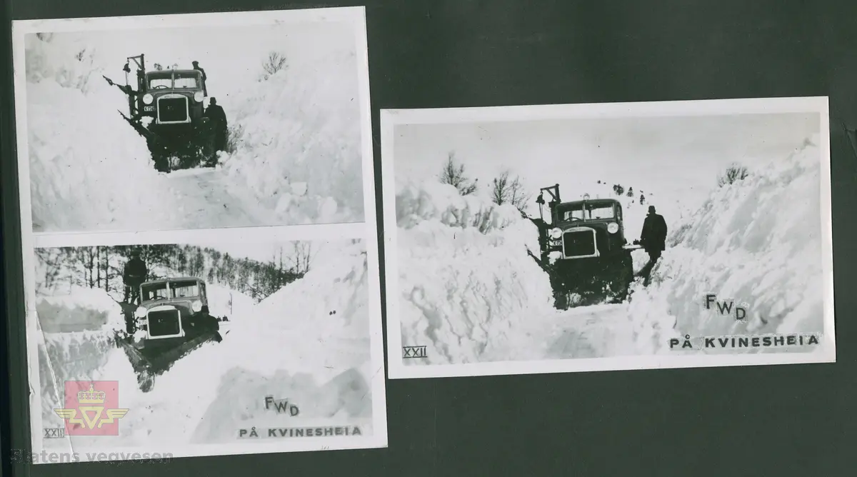 FWD lastebil kjennetegn K-7367. Sannsynligvis vinteren  1937.  Mye snø og høye brøytekanter på Kvinesheia.  Ref. til "Vegvesenets redskaper og maskiner 1941," av overingeniør Johs. Eggen. Les vedlegg i Nedlastinger. 

25.08.2016: "K-7367 må være registrert ikke lenge etter at redaksjonen for Norges Bilbok 1935 ble avsluttet, sannsynligvis våren det året, siden høyeste nr. i K-7000 serien der er 7319."