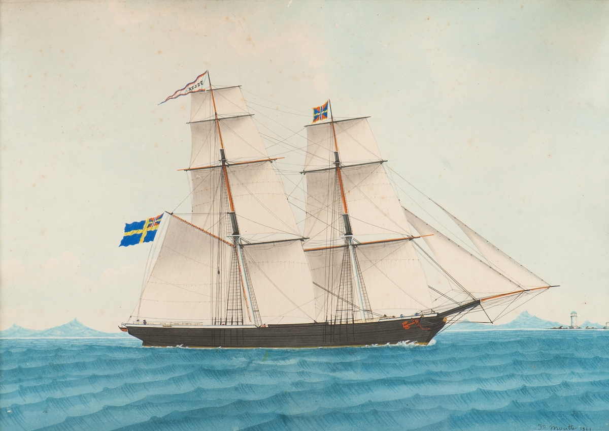 Brigg "Felix" från Norrköping förd av Cap:tn O.M. Royter 1861 (jfr S 1505). Fartyget ligger för styrbords halsar, förande alla segel visande lovarts sida. På förtoppen unionsgös, på stortoppen namnvimpel. Svensk flagg med unionsmärke.