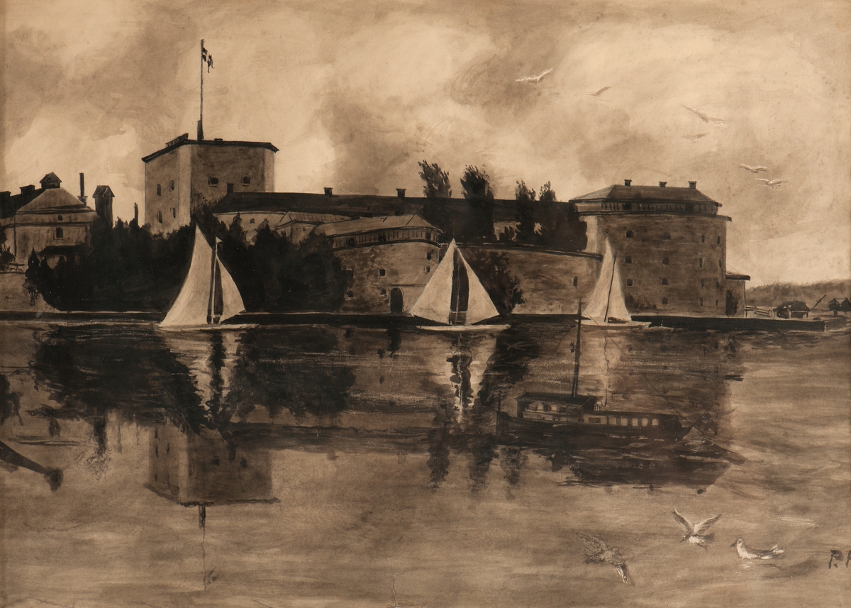 Segelbåtar framför fästning.Troligen Waxholms kastell.