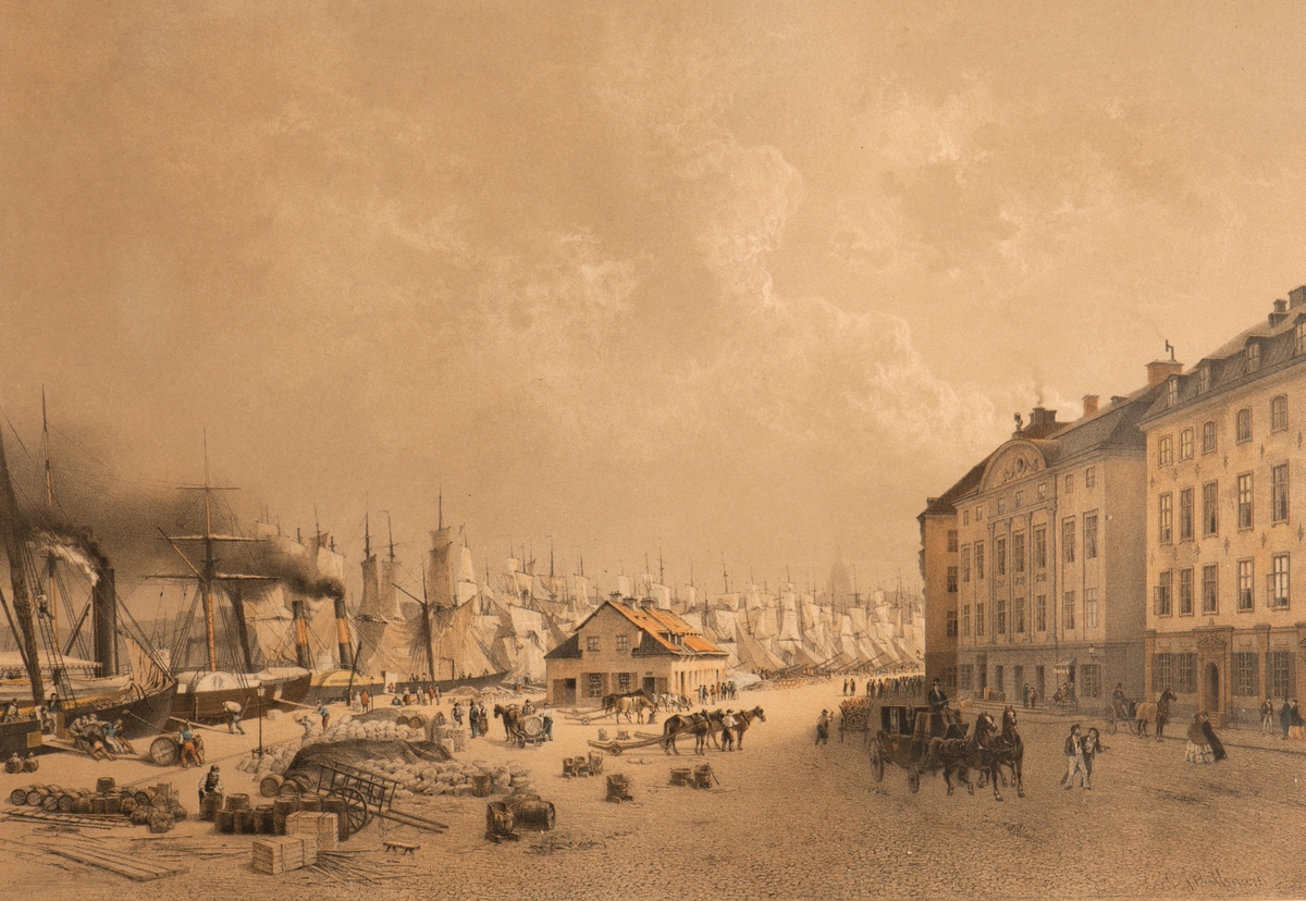 Mellersta Skeppsbron sedd från norr. Till höger hus i skugga,  till vänster skutor vid kaj,  torkande segel i solljus.