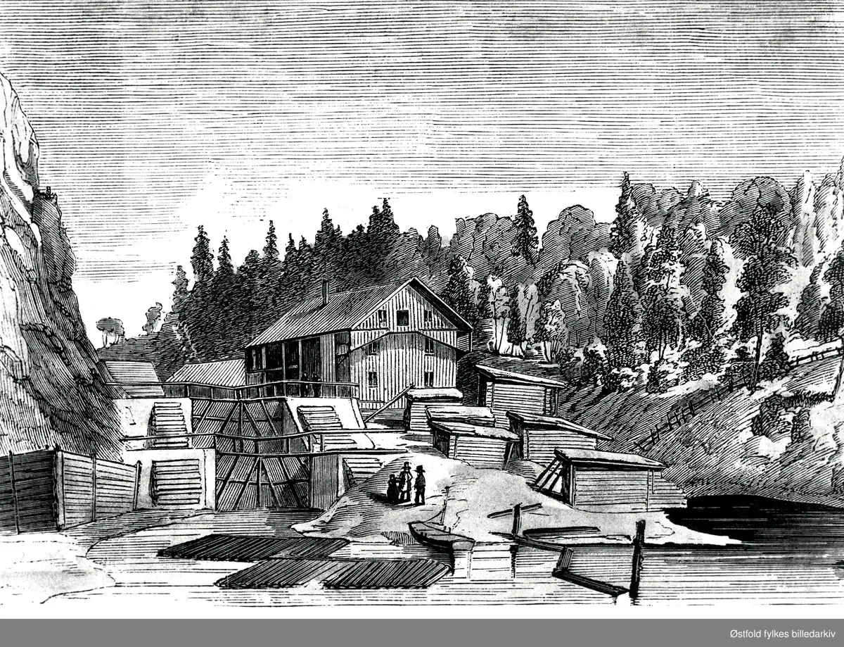 Brekke sluser (de første) i Halden , xylografi fra Skillingsmagasinet datert 1859. 
Det fins kopi av Skillingsmagasinets tekst.