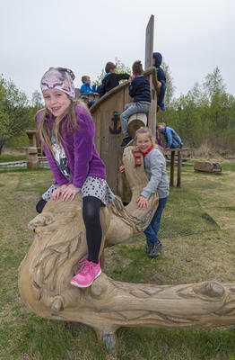 Barn som klatrer på stokk