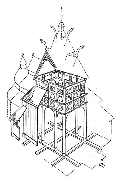 Tverrsnitt av Gol stavkirke. Tegning av arkitekt Arne Berg.