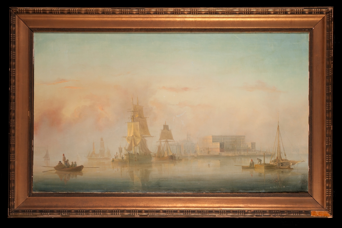 Stockholms ström och slottet 1852. Morgon med soldis. Segelfartyg för ankar. I bakgrunden kungliga slottet.