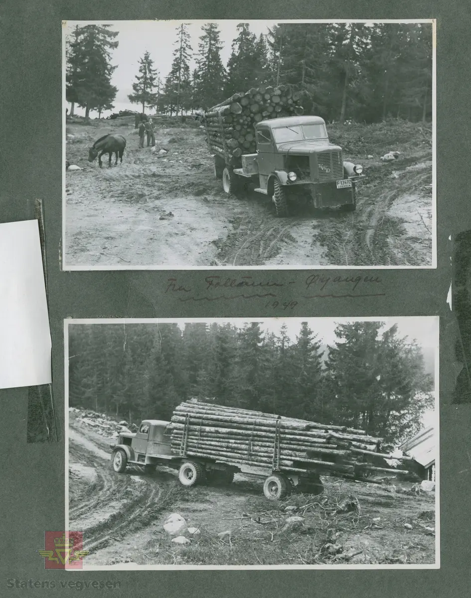 "Det ble importert flere hundre FWD modell HAR og SU-COE  fra "surplus"-lageret (overskuddsmateriell) i England. Mange av disse ble solgt til Statens veivesen og til annen tungtransport. Prisen var ca. 1/4 part av ny bil fra fabrikken."  I følge merking i album. "Fra Follum - Øyangen 1949." I følge merking i album.  
Bildet viser tømmertransport. Kjennemerke F-13165.