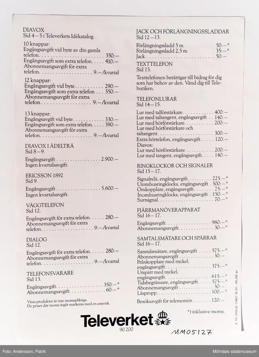 Reklamblad: "TELEVERKETS PRISLISTA Telefoner och tillbehör. Gäller från 1 juli 1982.", utgivet av Televerket 1982.