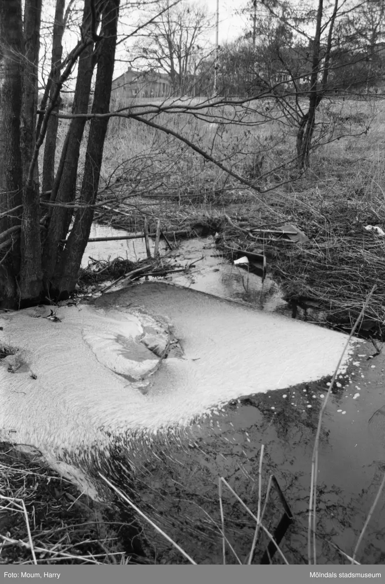 Sagbäcken i Gastorp, Lindome, år 1984.

Fotografi taget av Harry Moum, HUM, för publicering  i Mölndals-Posten, vecka 16, år 1984, med bildtexten:

"Stilla flyter SAGBÄCKEN

Somliga "värnar" om miljön i kommunen. Söndagsrevy från Sagbäcken i Lindome. Men nog är bäcken vackrare utan dessa tillsatser?

HUM"
