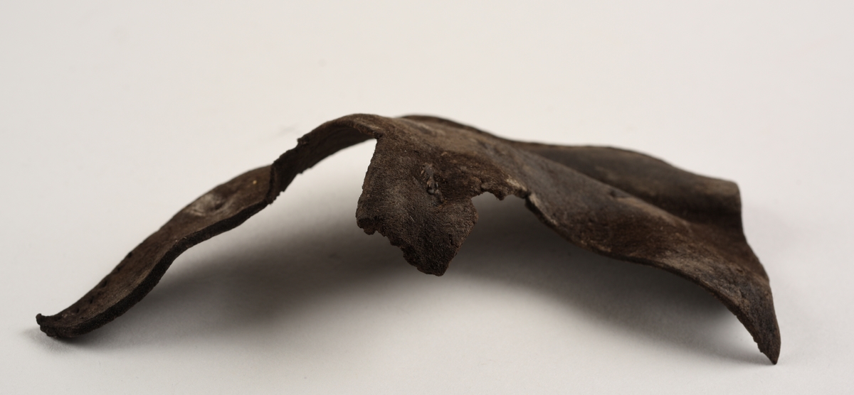 Lærfragment med en ubestemmelig form. Langs den ene langsiden er det hull etter søm. I noen av hullene er det rester av tråd. Fragmentet er brunt i farge.