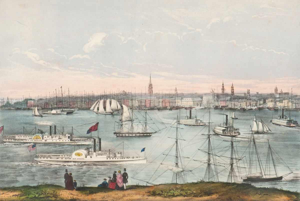 Vy över New York stad och hamn år 1849, sedd från Brooklynsidan. Fartyg på Hudsonfloden.