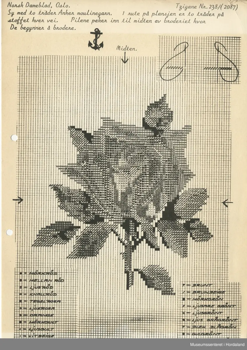 Trykt mønsterark i A4-format til brodert tekstil.
