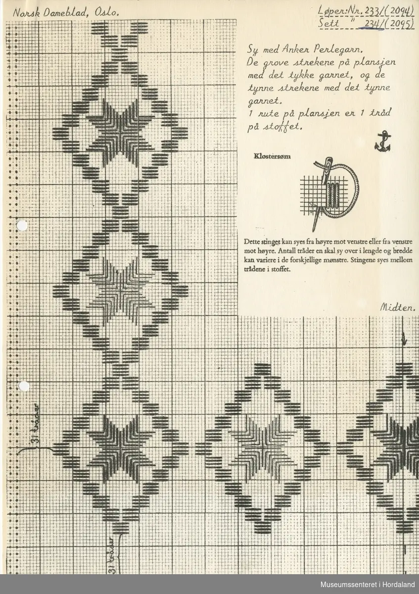 Trykt mønsterark i A4-format til brodert tekstil.