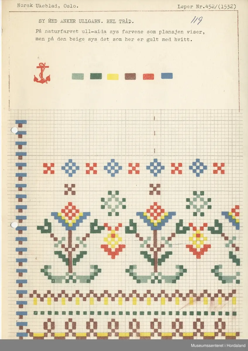 Trykt mønsterark i A4-format til brodert tekstil.