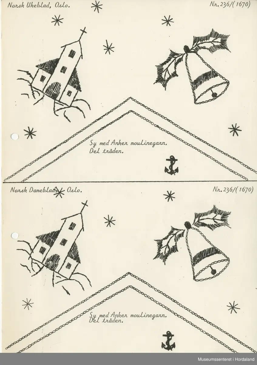 Trykt mønsterark i A4-format til brodert tekstil.