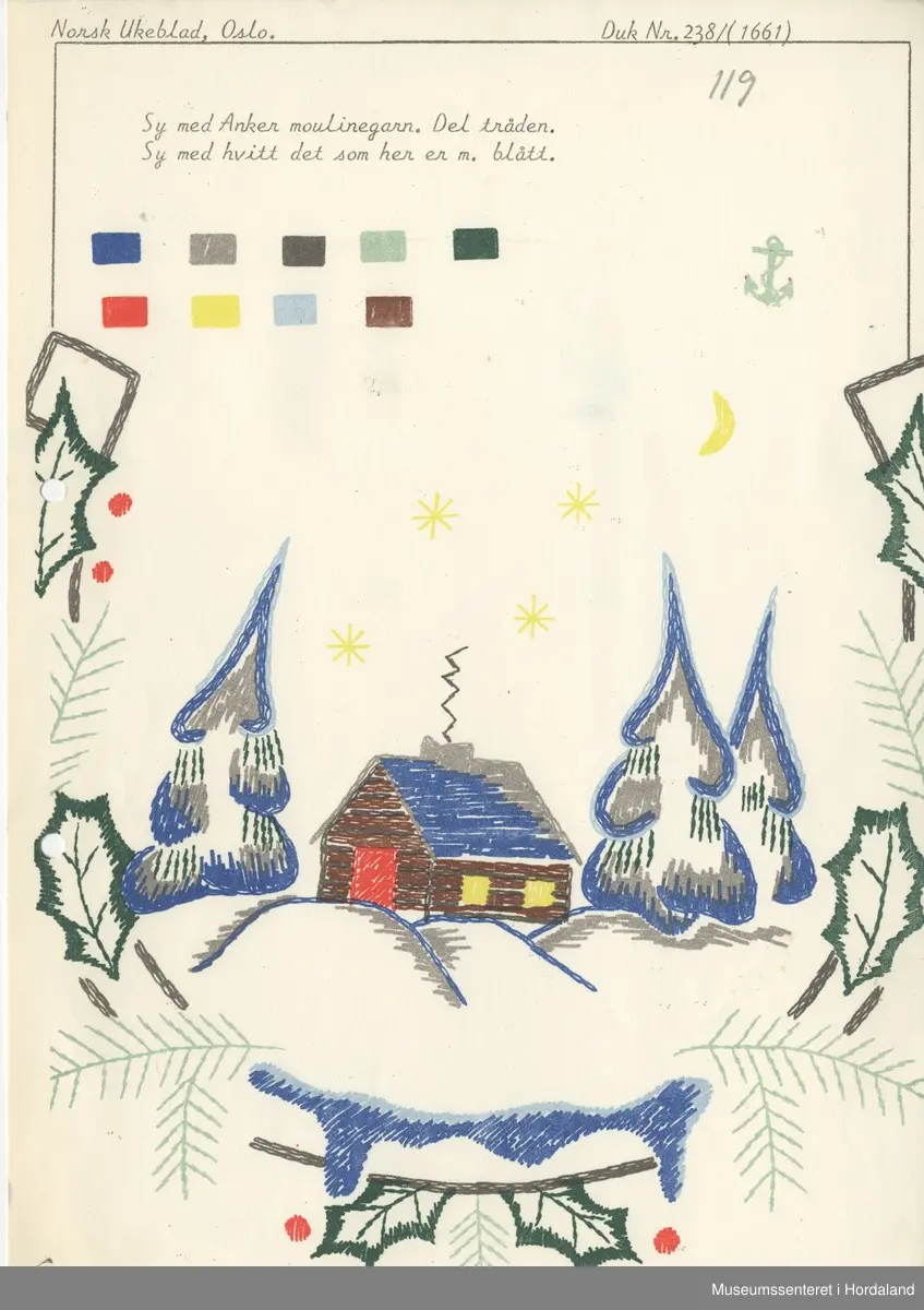 Trykt mønsterark i A4-format til brodert tekstil.