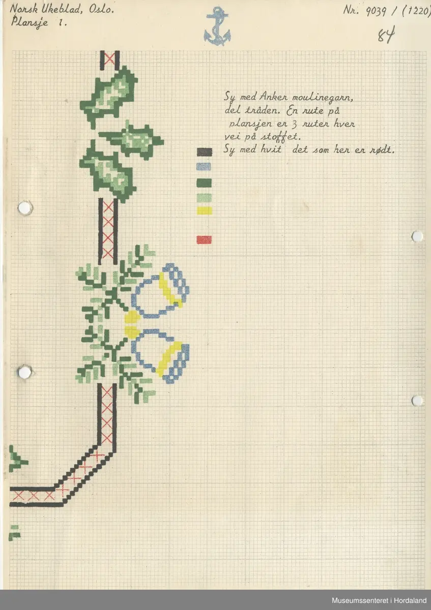 Trykt mønsterark i A4-format til brodert tekstil.