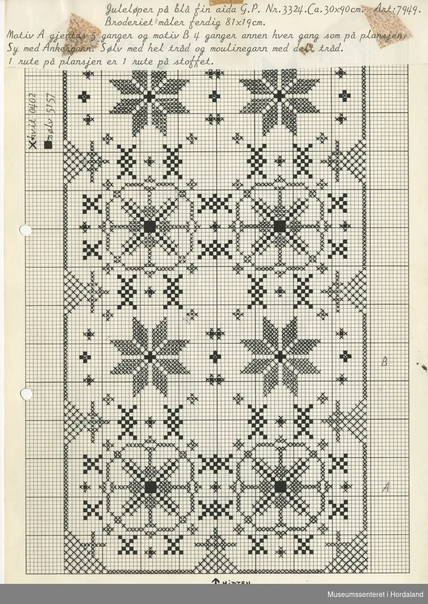 Trykt mønsterark i A4-format til brodert tekstil.