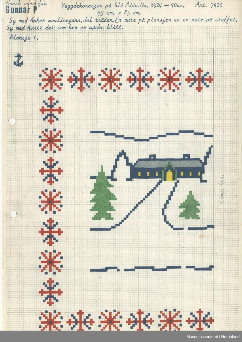 Trykt mønsterark i A4-format til brodert tekstil.