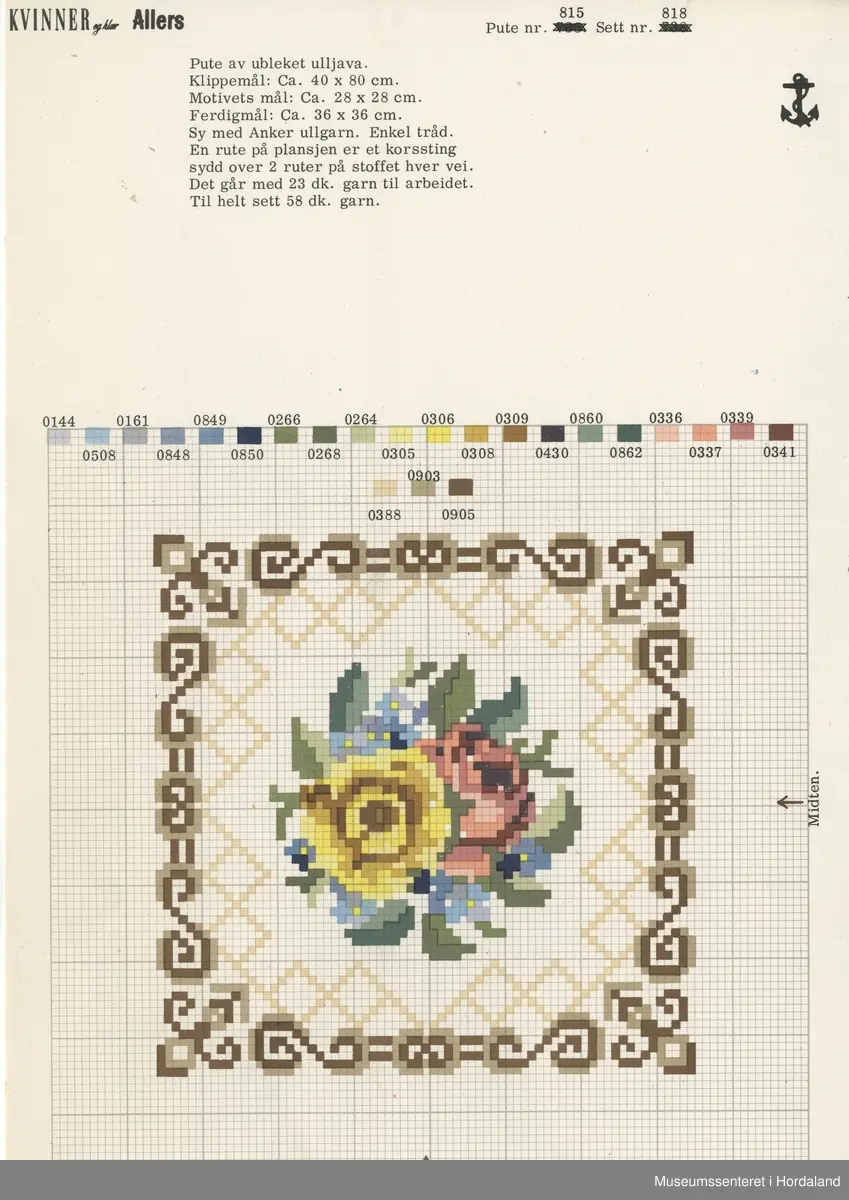 Trykt mønsterark i A4-format til brodert tekstil.