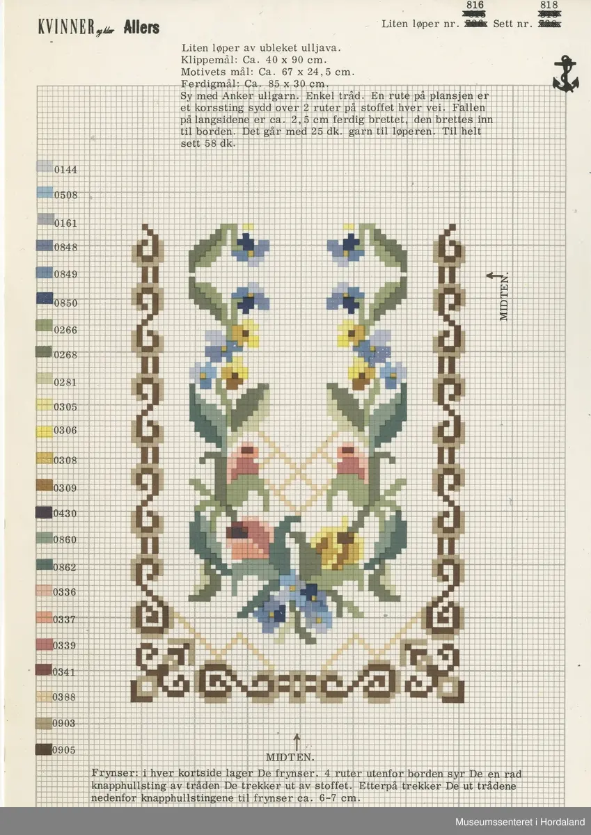 Trykt mønsterark i A4-format til brodert tekstil.