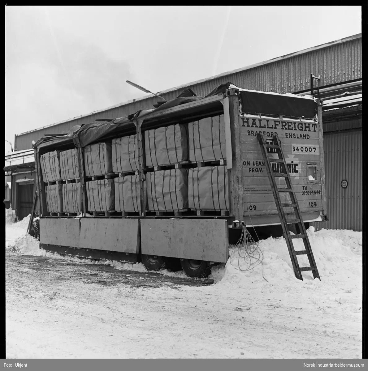 Container lastet med Mg-paller.