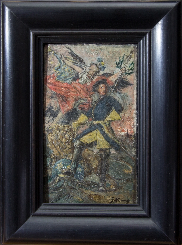 Karl XII stående i helfigur med ena handen i sidan. Den andra pekar på ett lejon. Ovanför svävar Fama, eller motsvarande allegorisk figur. Skissartat utförande.