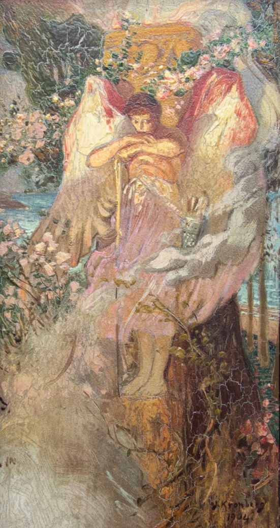 Eros, helfigur, med stora vingar stående på en trappa/klippavsats. Vilar händerna på en pilbåge och ett pilkoger hängande över axeln. Vegetativ bakgrund.