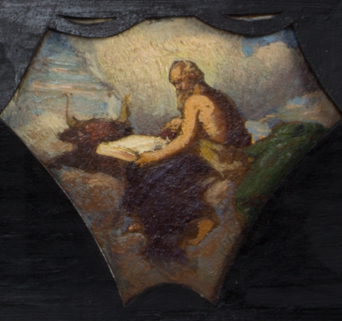 De fyra evangelisterna, från vänster till höger:Matteus med ängel, Markus med lejon, Lukas med oxe och Johannes med örn infattade i fyra olika bildfält. Skissartat utförande.