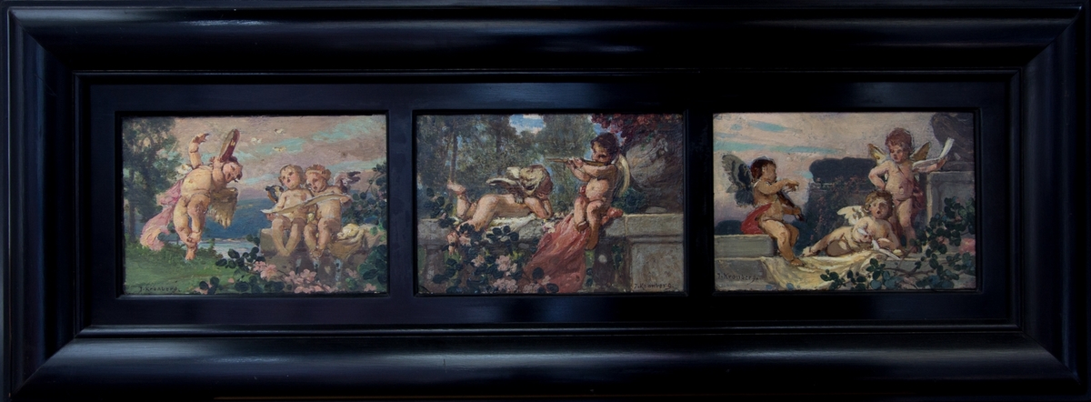 Tre skisser, från vänster till höger:En putto spelar tamburin och två sittande putto sjunger med notblad i händerna; två putti på en balustrad, den ena spelar flöjt och den andra ligger på mage och lyssnar; tre musicerande putti på en balustrad, en sittande, en liggande och en stående.