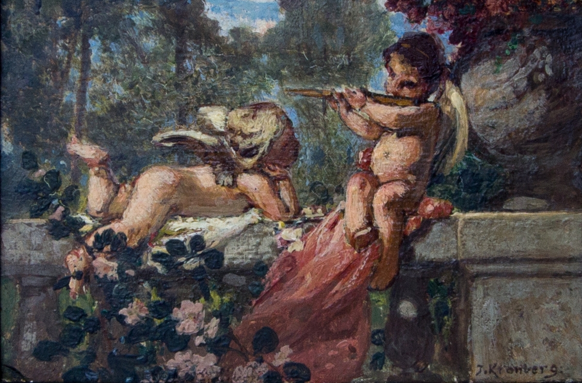 Tre skisser, från vänster till höger:En putto spelar tamburin och två sittande putto sjunger med notblad i händerna; två putti på en balustrad, den ena spelar flöjt och den andra ligger på mage och lyssnar; tre musicerande putti på en balustrad, en sittande, en liggande och en stående.