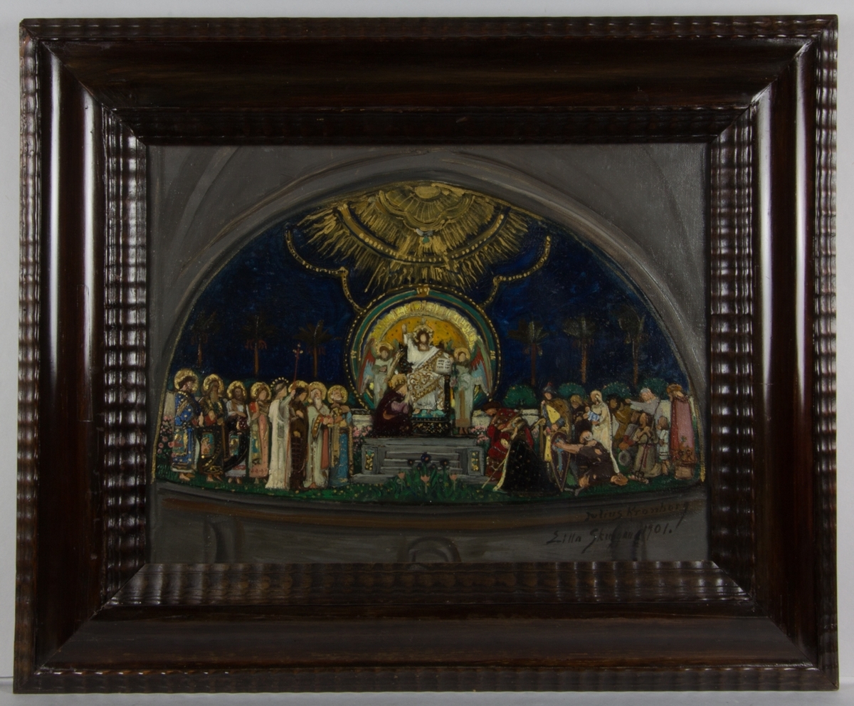 Jesus sittande i centrum på en upphöjd tron med höjd vänsterarm, Majestas Domini. I den högra hand håller han en bok. På var sida om honom en ängel. Över Jesus mandorla och guldfärgade strålar. Framför tronen blommor. Till vänster om tronen stående figurer med glorior. Till höger delvis stående, delvis knäböjande fgurer. Arkitektonisk omgivning samt palmer mot mörk bakgrund.