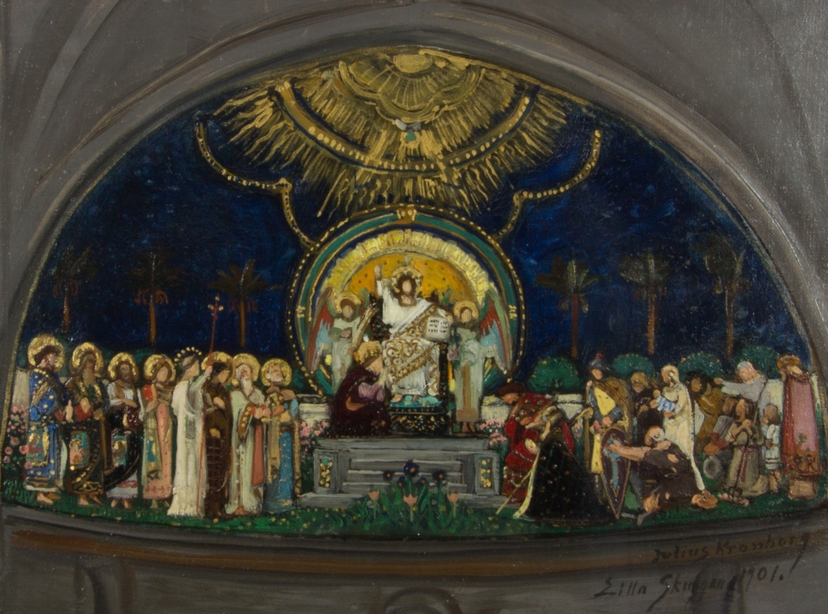 Jesus sittande i centrum på en upphöjd tron med höjd vänsterarm, Majestas Domini. I den högra hand håller han en bok. På var sida om honom en ängel. Över Jesus mandorla och guldfärgade strålar. Framför tronen blommor. Till vänster om tronen stående figurer med glorior. Till höger delvis stående, delvis knäböjande fgurer. Arkitektonisk omgivning samt palmer mot mörk bakgrund.