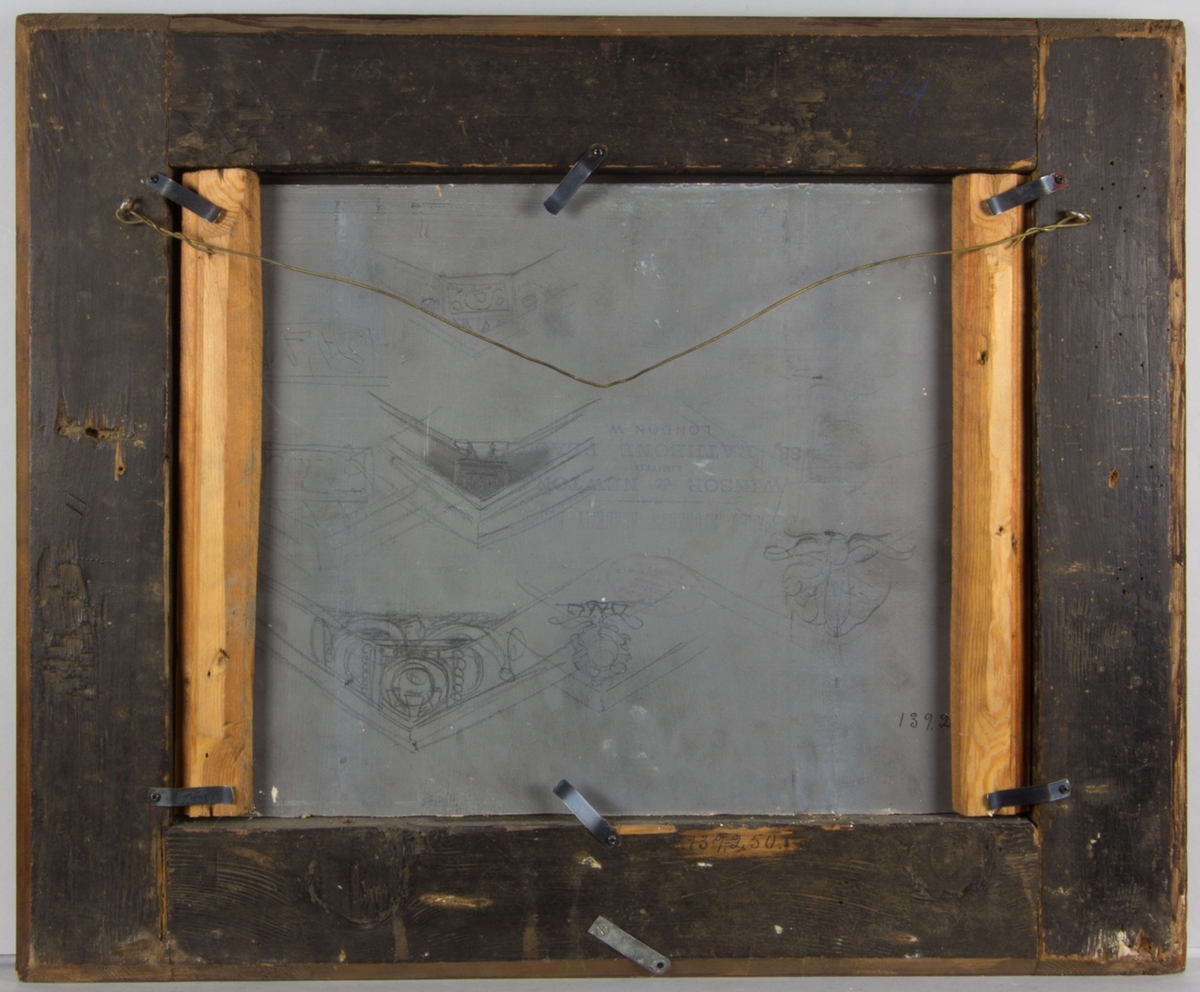 Jesus sittande i centrum på en upphöjd tron med höjd vänsterarm, Majestas Domini. I den högra hand håller han en bok. På var sida om honom en ängel. Över Jesus mandorla och guldfärgade strålar. Framför tronen blommor. Till vänster om tronen stående figurer med glorior. Till höger delvis stående, delvis knäböjande fgurer. Arkitektonisk omgivning samt palmer mot mörk bakgrund.