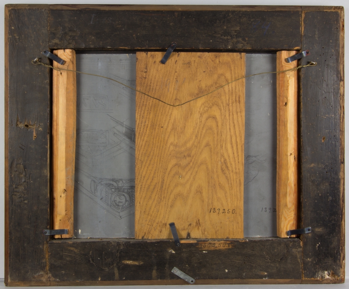 Jesus sittande i centrum på en upphöjd tron med höjd vänsterarm, Majestas Domini. I den högra hand håller han en bok. På var sida om honom en ängel. Över Jesus mandorla och guldfärgade strålar. Framför tronen blommor. Till vänster om tronen stående figurer med glorior. Till höger delvis stående, delvis knäböjande fgurer. Arkitektonisk omgivning samt palmer mot mörk bakgrund.