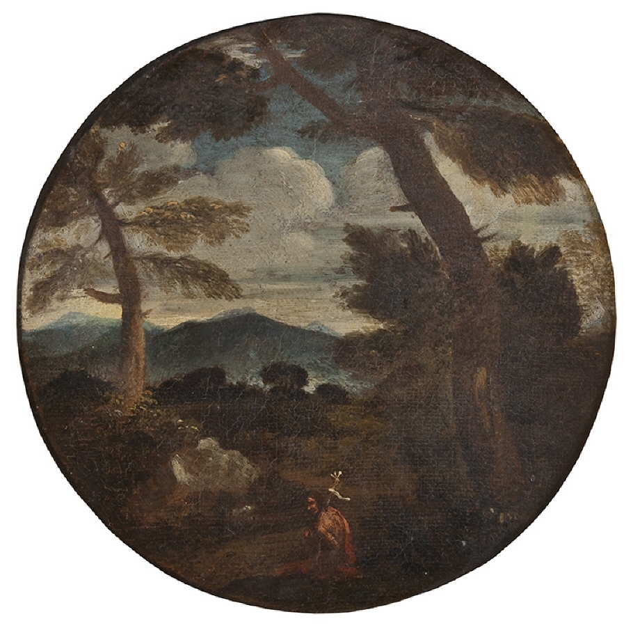Landskap. I förgrunden Johannes döparen draperad i röd manteln. Landskapet hållet i brun ton med två träd som dominanter. I bakgrunden sjö och blånande berg. Blå, molnig himmel. Rund.