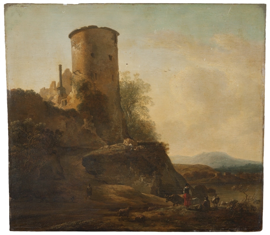 Italienskt berglandskap med borgruin, djur och figurer