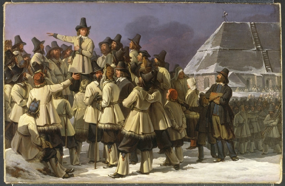 I Mora manar Gustav Vasa till uppror mot den danska överheten.  Året är 1520 och ett nytt Sverige ska just ta form. När Sandberg målade scenen 1836 uppfattades Gustav Vasa som en nationalhjälte. Sandberg utförde också motivet som en stor freskmålning i Vasakoret i Uppsala domkyrka. Historiemåleriets mycket prestigefylld ställning under 1800-talet rasade under 1900-talet. Men idag visar sig ett nytt intresse för genren – i boken 1001 Paintings You Must See before You Die (2011) ingår denna målning.
